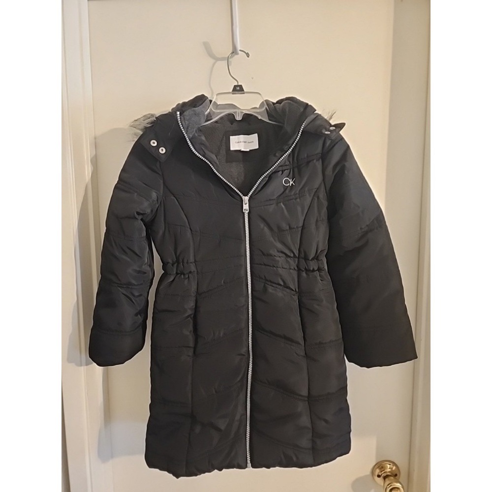 Calvin Klein Girls Hooded Long Puffer Jacket Faux Fur Trim Sz M 8/10
